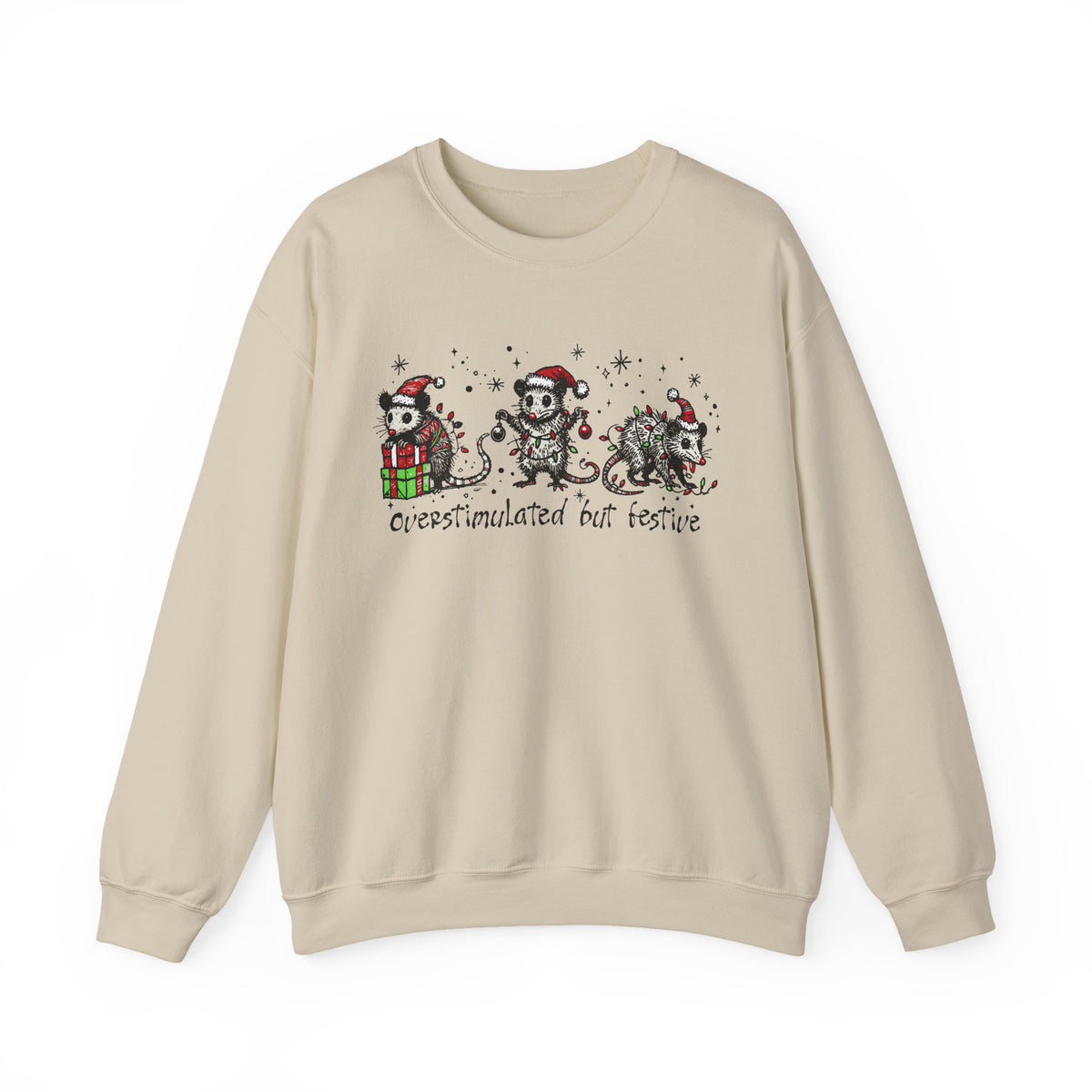 Overstimulated But Festive Christmas Possums – Gildan Heavy Blend | Trendy Women’s and Men's Soft Sweatshirt. Direct to Garment. Printed & Shipped in the USA. Unisex Sizes.