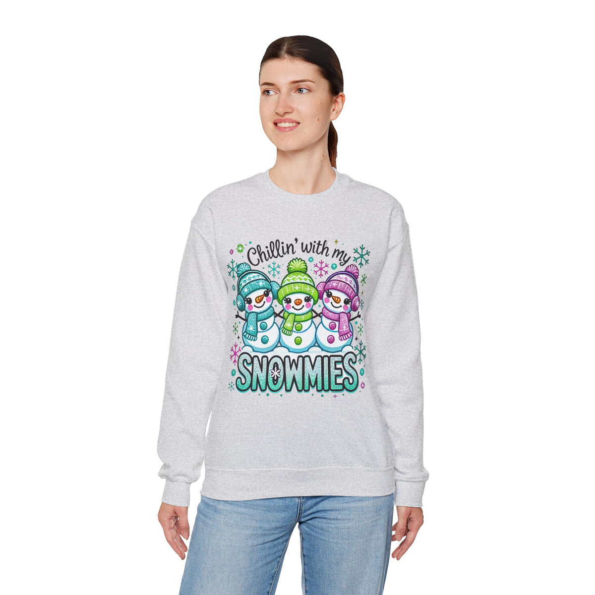 Chillin' With My Snowmies, Winter Snowman – Gildan Heavy Blend | Trendy Women’s Soft Sweatshirt. Direct to Garment. Printed & Shipped in the USA. Unisex Sizes.