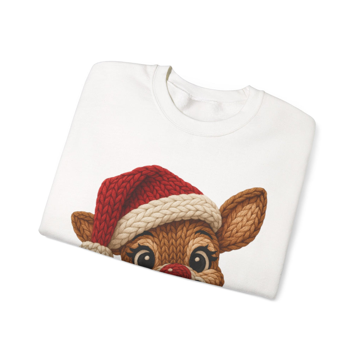 Cute Rudolph Faux Knit Look Reindeer w/Santa Hat – Gildan Heavy Blend | Trendy Women’s Soft Sweatshirt. Direct to Garment. Printed & Shipped in the USA. Unisex Sizes.