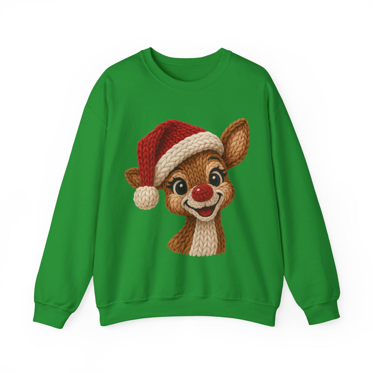 Cute Rudolph Faux Knit Look Reindeer w/Santa Hat – Gildan Heavy Blend | Trendy Women’s Soft Sweatshirt. Direct to Garment. Printed & Shipped in the USA. Unisex Sizes.