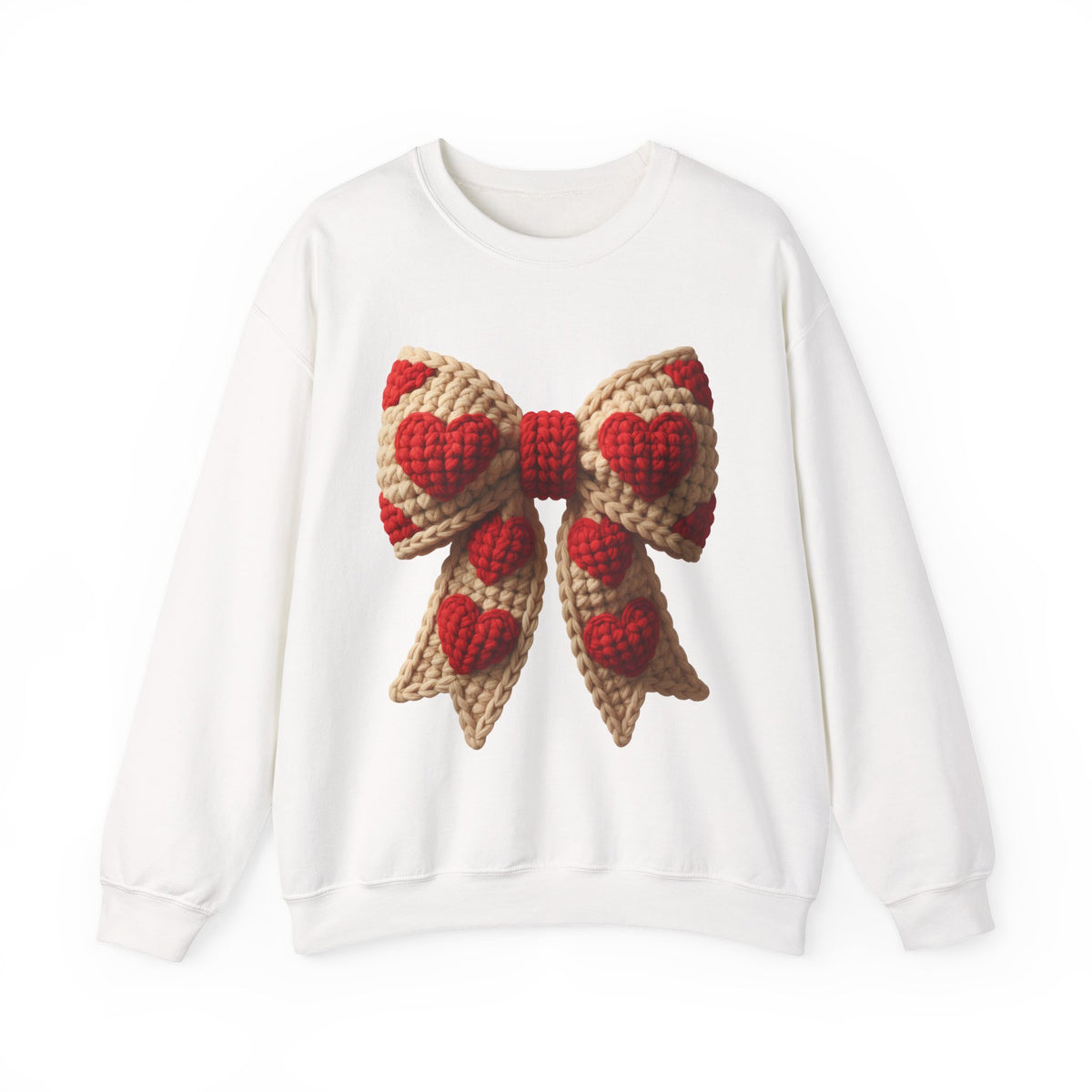 Faux Crochet Valentine Bow – Gildan Heavy Blend | Trendy Women’s Soft Sweatshirt. Direct to Garment. Printed & Shipped in the USA. Unisex Sizes.