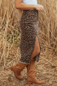 Brown Leopard Frayed-Bottom Denim Skirt with Slit