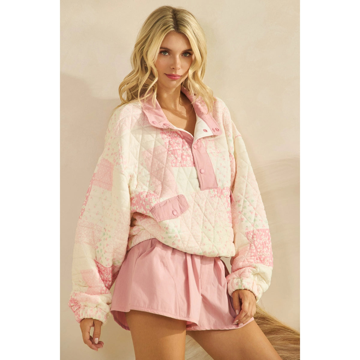 Floral Textured Quilted-Print Pullover w/Snap Buttons