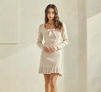 Bow Knit Ruffle Hem Long Sleeve Mini Dress