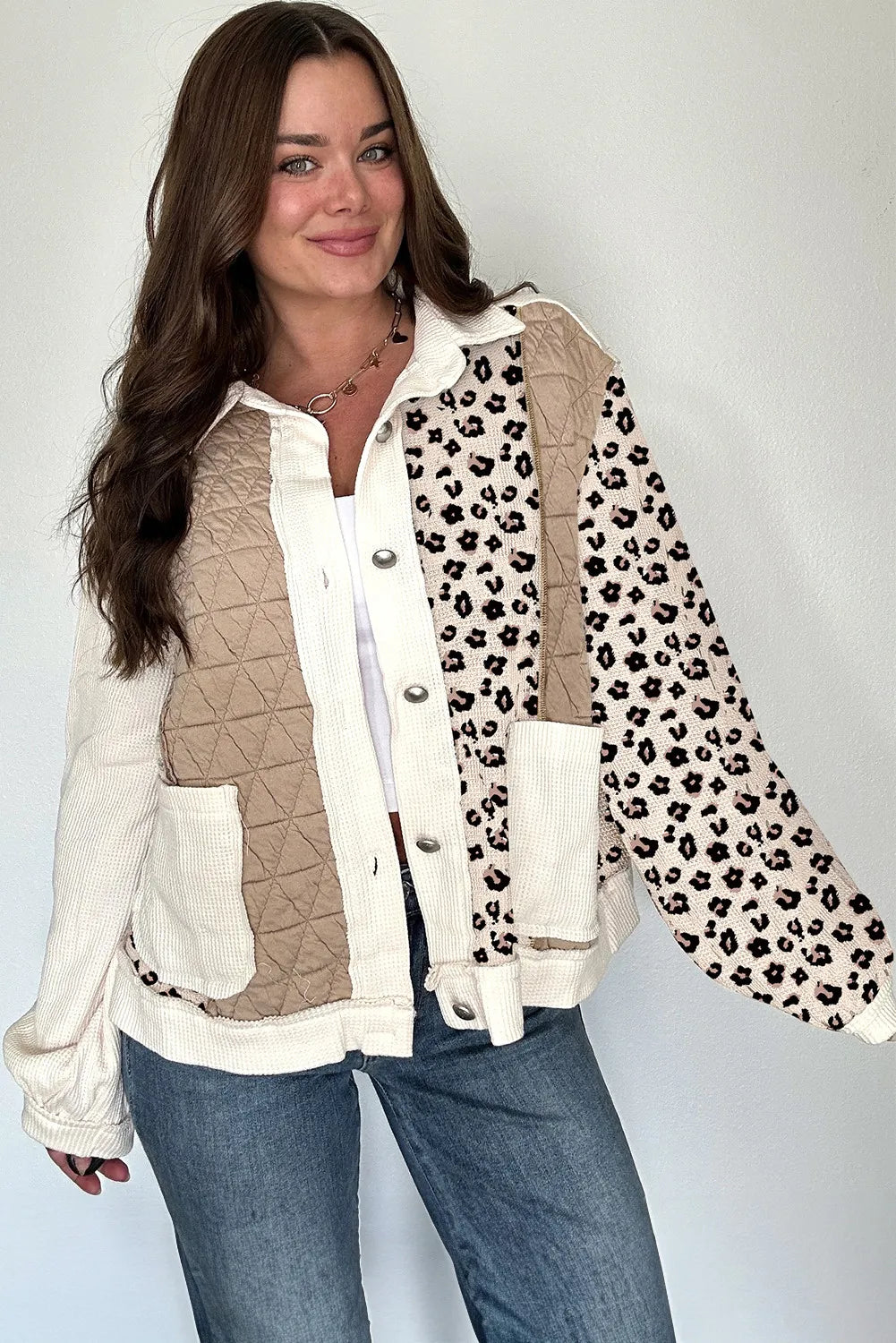 Khaki & Leopard Patchwork Quilted Button-Front Lightweight Jacket with Pockets