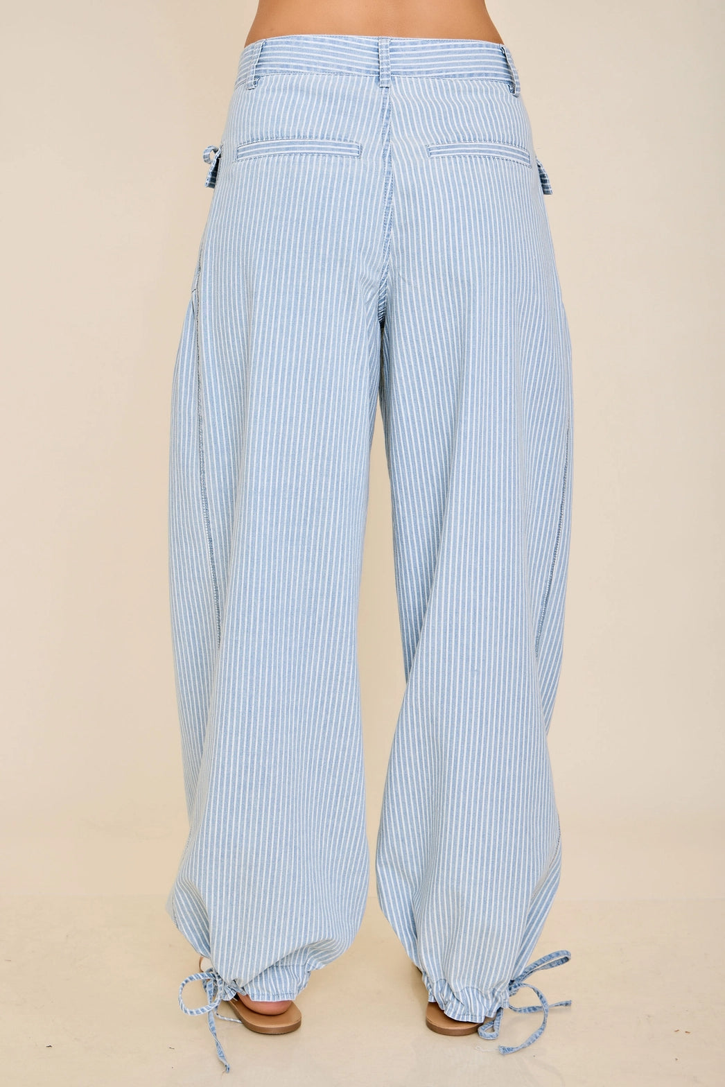 Striped Soft-Denim Balloon Pants with Front Patch Pockets & Faux Back Pockets