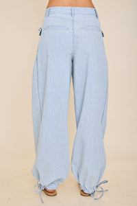 Striped Soft-Denim Balloon Pants with Front Patch Pockets & Faux Back Pockets
