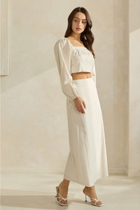 Square Neck Balloon Sleeved Top & Midi Skirt Set (Cotton/Linen Blend)