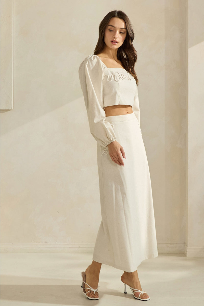 Square Neck Balloon Sleeved Top & Midi Skirt Set (Cotton/Linen Blend)