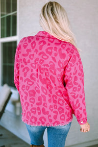 Vibrant Pink Leopard Print Lightweight Jean Jacket with Raw Hem