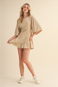 Beige Floral (85% Cotton) Flowy Shorts Romper w/Pockets