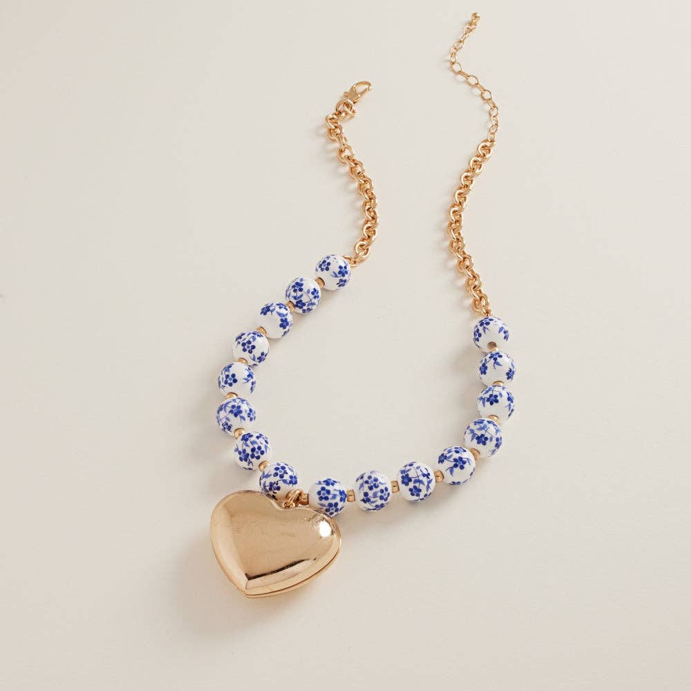 Short Ceramic Necklace w/Floral (Blue) Beads & Puffy Heart