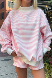 Pink & White Striped Oversized Mock Neck 2 Pc Sweatshirt & Shorts Loungewear Set