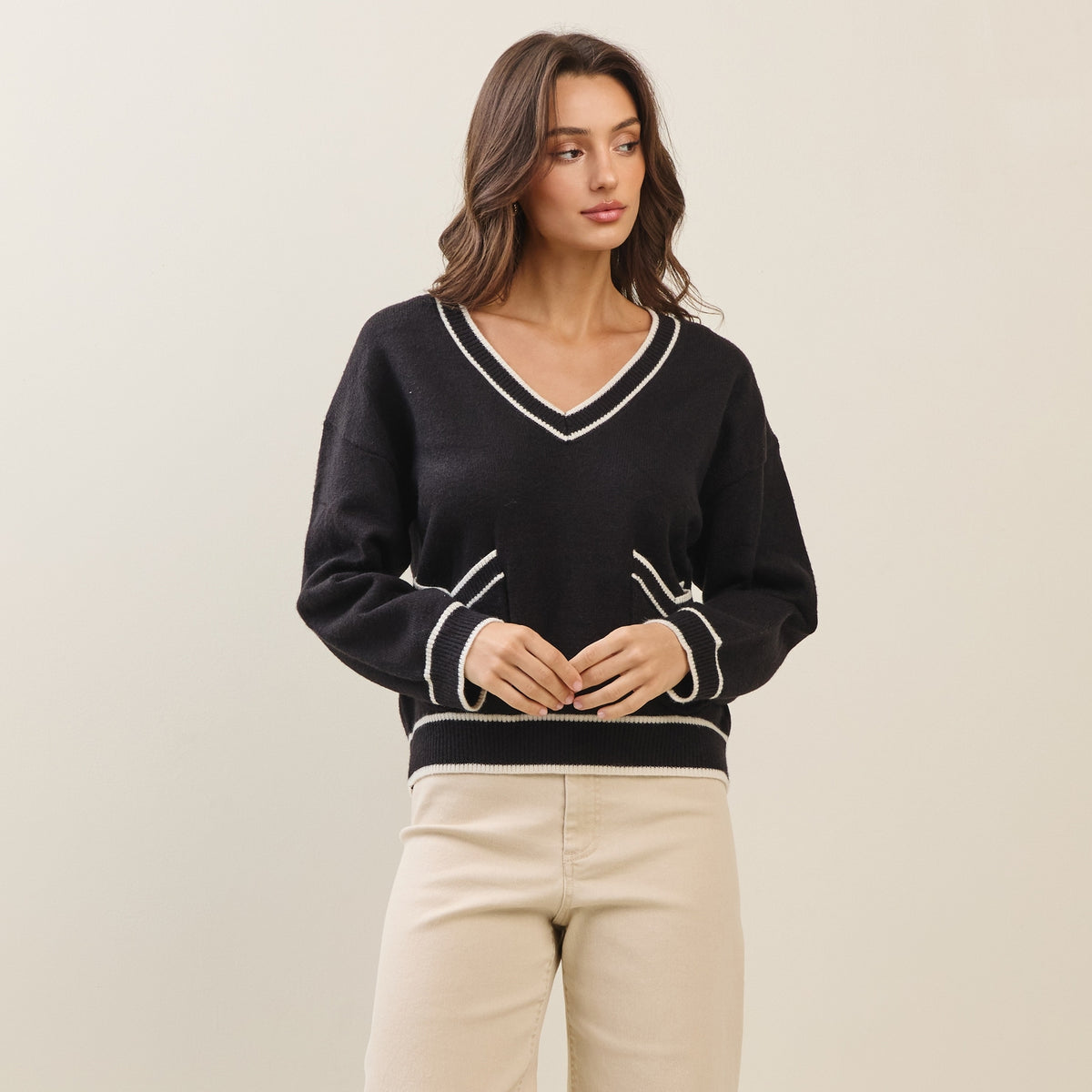 Alisha V-Neck (Black) Contrast Trim Sweater w/Pockets