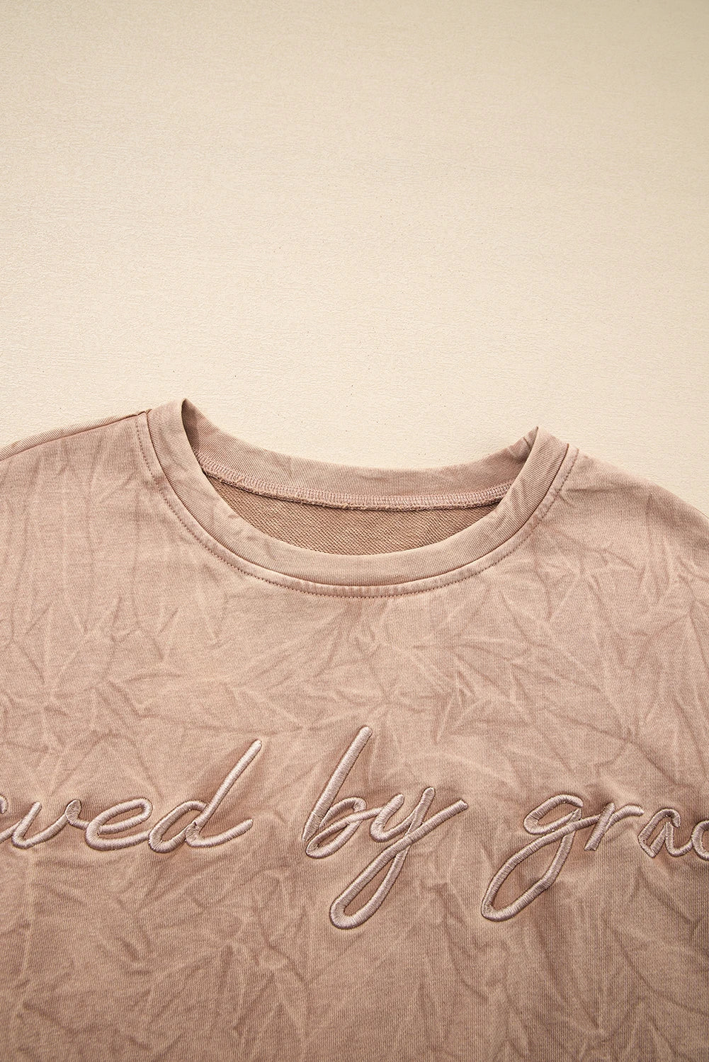 Saved By Grace (Beige) Letter Embroidery Mineral Wash Loose Sweatshirt