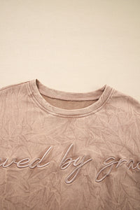Saved By Grace (Beige) Letter Embroidery Mineral Wash Loose Sweatshirt