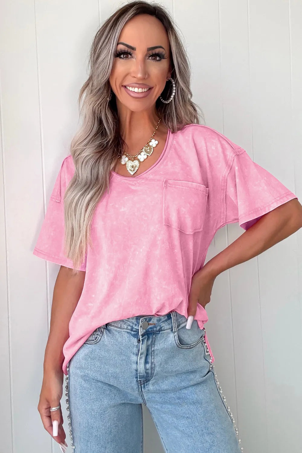 Bubblegum Pink Mineral Wash Top with Pocket