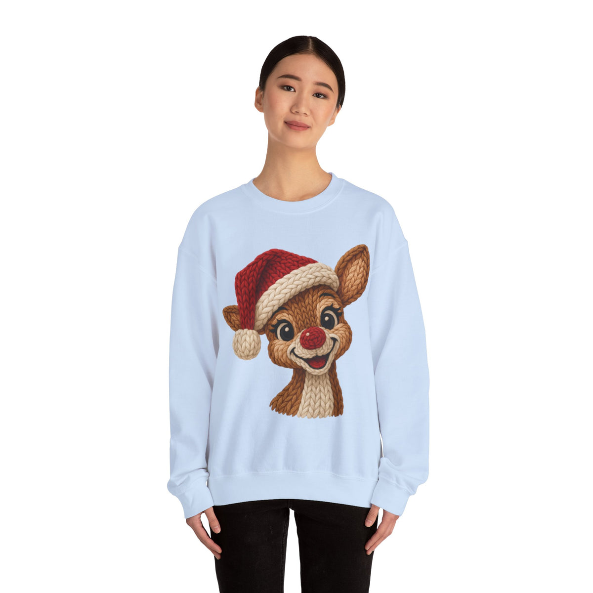 Cute Rudolph Faux Knit Look Reindeer w/Santa Hat – Gildan Heavy Blend | Trendy Women’s Soft Sweatshirt. Direct to Garment. Printed & Shipped in the USA. Unisex Sizes.