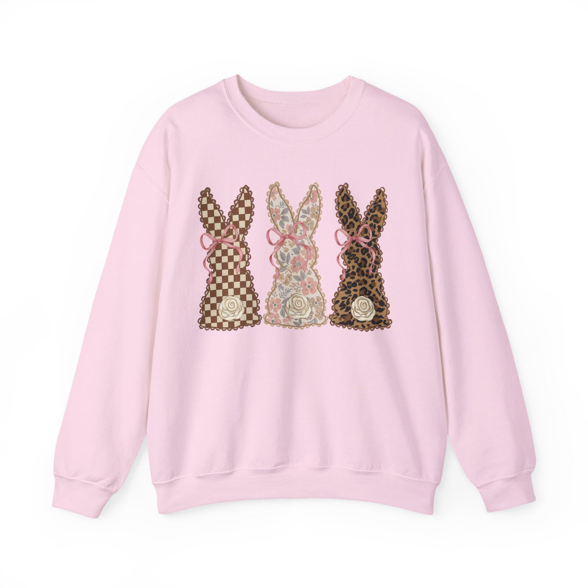 Easter Bunny Trio - Checkered, Floral & Leopard – Gildan Heavy Blend | Trendy Women’s Soft Sweatshirt. Direct to Garment. Printed & Shipped in the USA. Unisex Sizes.