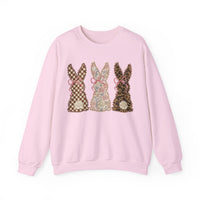 Easter Bunny Trio - Checkered, Floral & Leopard – Gildan Heavy Blend | Trendy Women’s Soft Sweatshirt. Direct to Garment. Printed & Shipped in the USA. Unisex Sizes.
