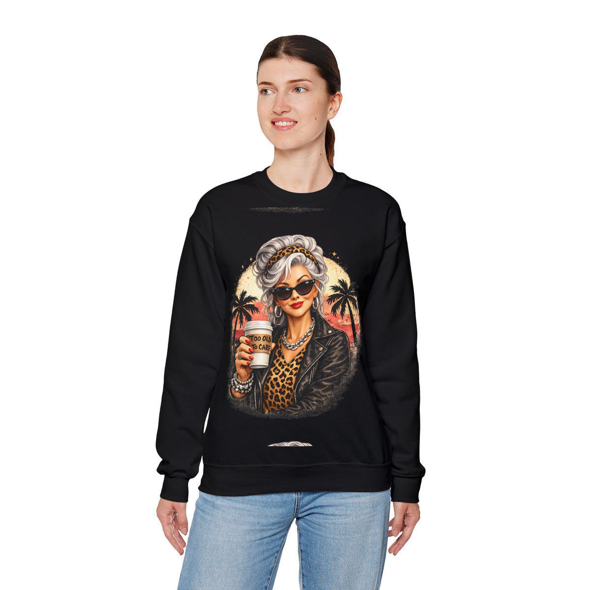 Too Old To Care, Fashionista Grandma – Gildan Heavy Blend | Trendy Women’s Soft Sweatshirt. Direct to Garment. Printed & Shipped in the USA. Unisex Sizes.