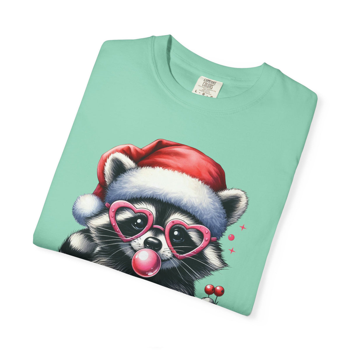 Merry Trashmas Bubblegum Raccoon w/Santa Hat Christmas - Comfort Colors | Trendy Women's T-Shirt. Direct to Garment. Printed & Shipped in the USA. Unisex Sizes.