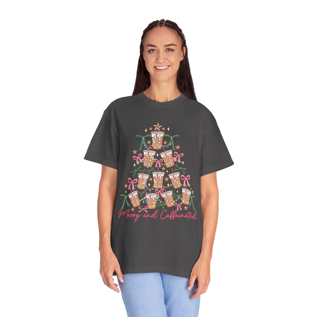 Merry and Caffeinated Iced Coffee Christmas Tree - Comfort Colors | Trendy Women's T-Shirt. Direct to Garment. Printed & Shipped in the USA. Unisex Sizes.