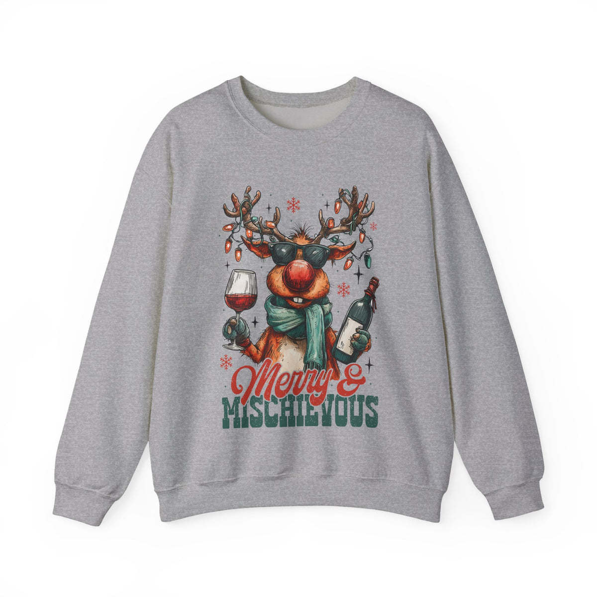 Merry & Mischievous Reindeer – Gildan Heavy Blend | Trendy Women’s and Men's Soft Sweatshirt. Direct to Garment. Printed & Shipped in the USA. Unisex Sizes.