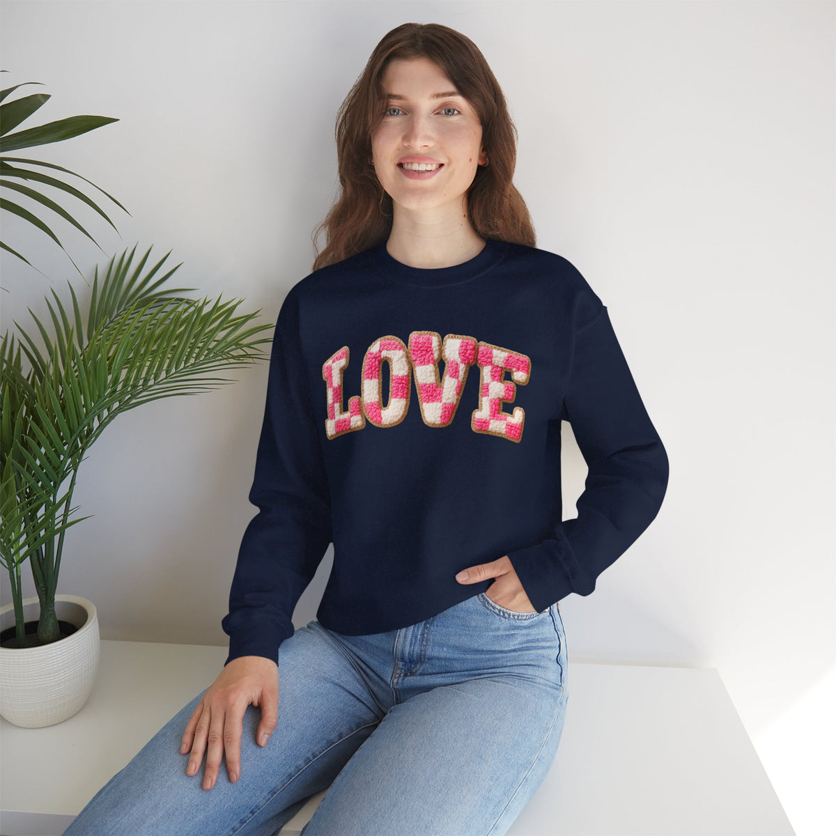 Faux Crochet Checkered LOVE – Gildan Heavy Blend | Trendy Women’s Soft Sweatshirt. Direct to Garment. Printed & Shipped in the USA. Unisex Sizes.