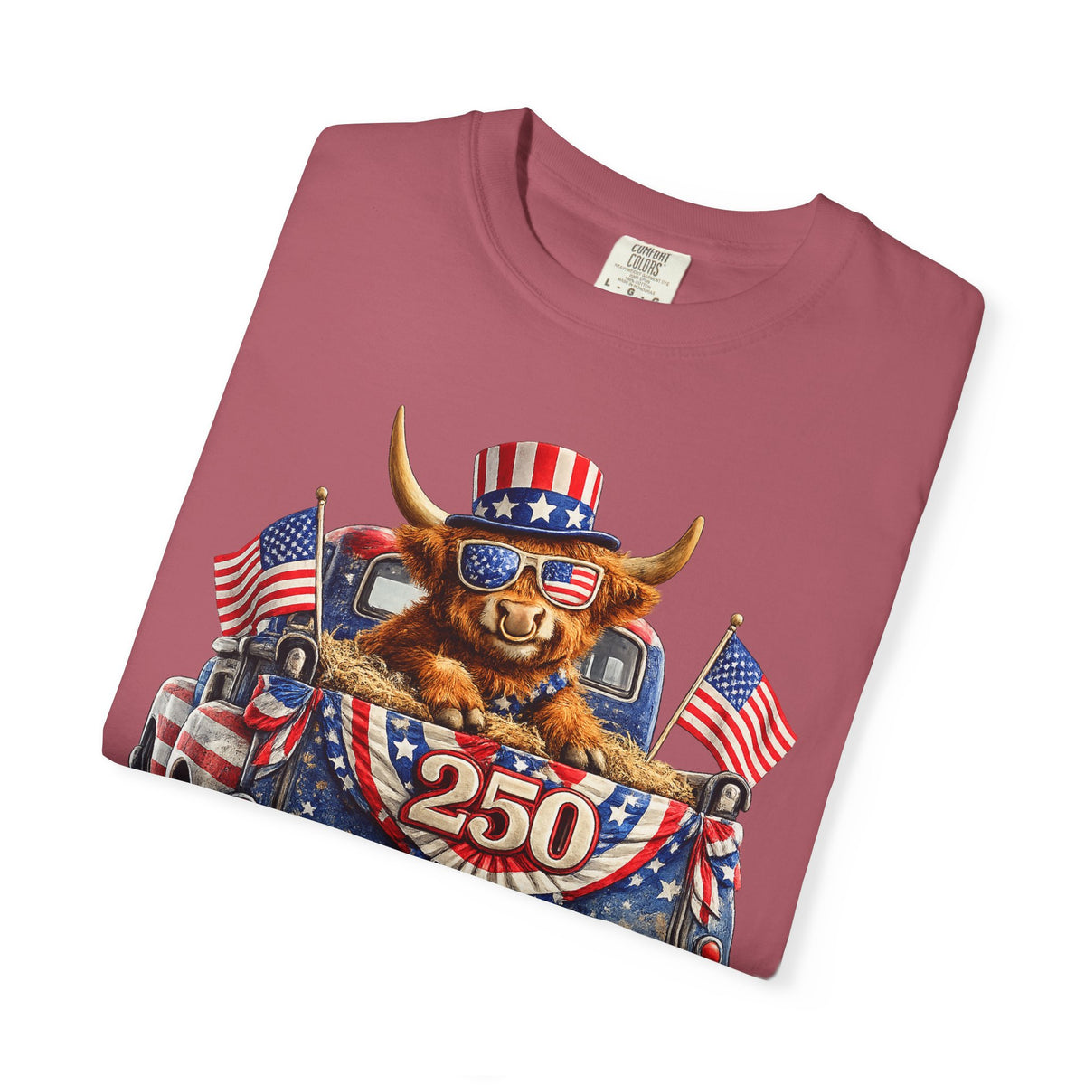 Patriotic Highland, America's 250th Birthday - Comfort Colors | Trendy Women's and Men's T-Shirt. Direct to Garment. Printed & Shipped in the USA. Unisex Sizes.