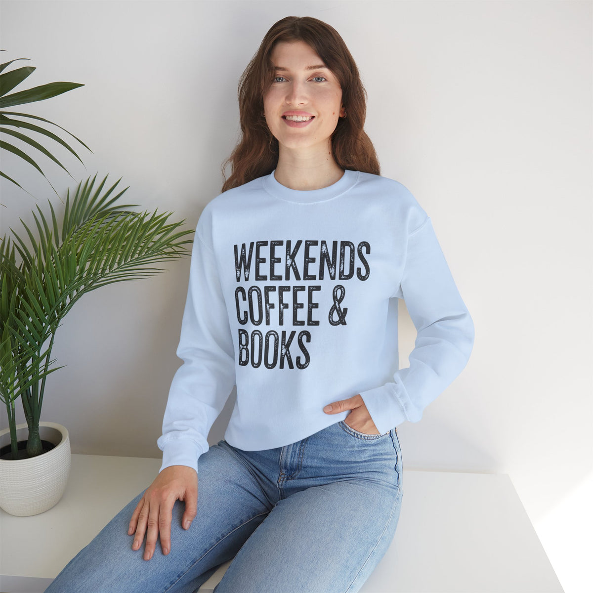 Weekends, Coffee & Books – Gildan Heavy Blend | Trendy Women’s and Men's Soft Sweatshirt. Direct to Garment. Printed & Shipped in the USA. Unisex Sizes.