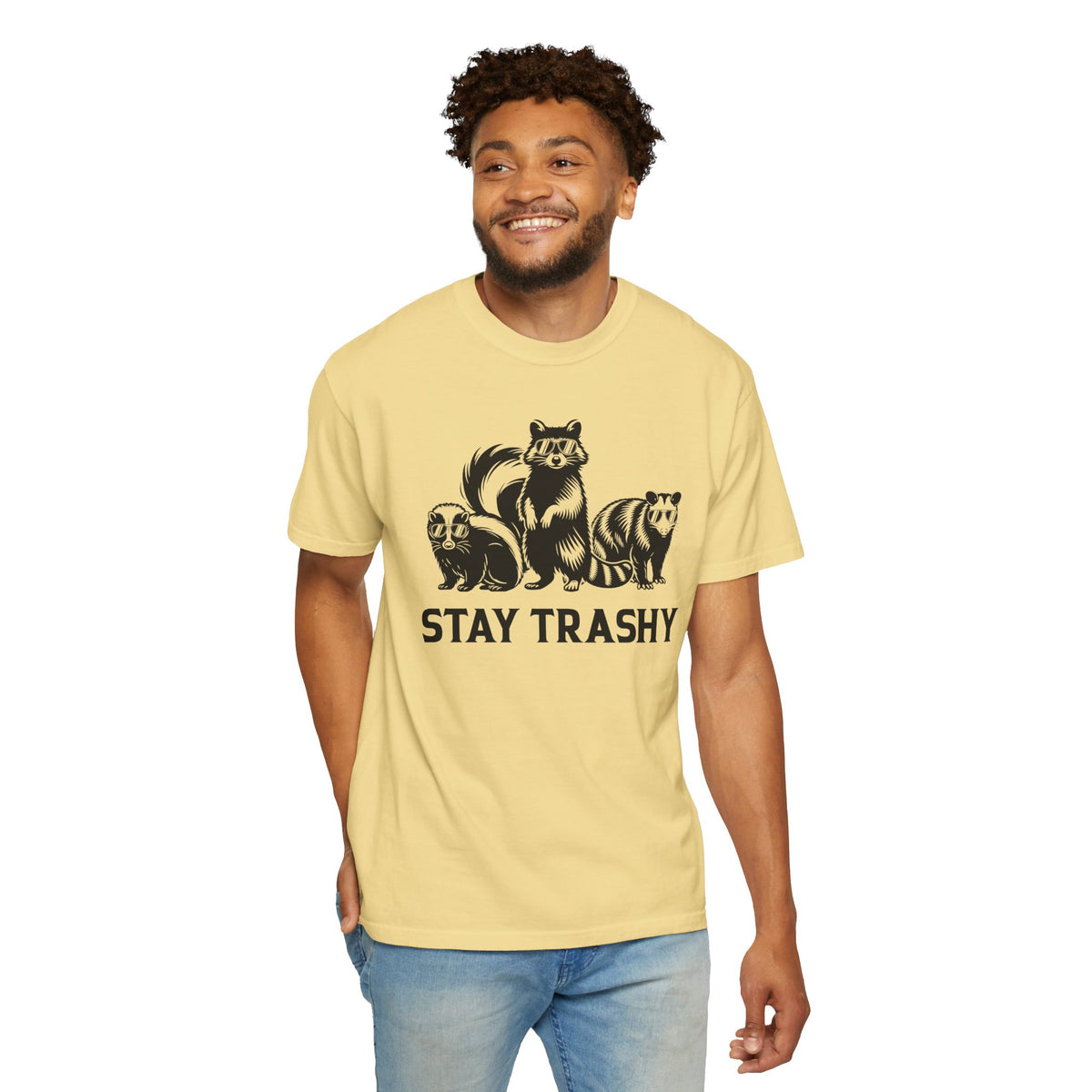 Stay Trashy, Skunk Raccoon Possum - Comfort Colors | Trendy Women's and Men's T-Shirt. Direct to Garment. Printed & Shipped in the USA. Unisex Sizes.