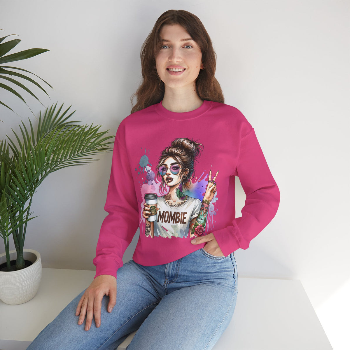 Cool Mombie with Coffee Peace Tattoo - Tired Mom – Gildan Heavy Blend | Trendy Women’s Soft Sweatshirt. Direct to Garment. Printed & Shipped in the USA. Unisex Sizes.