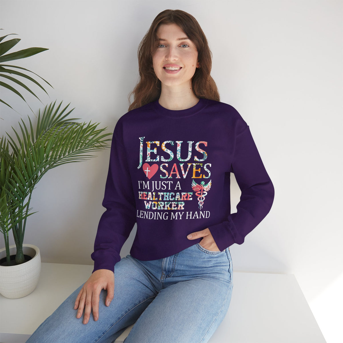 Jesus Saves - Healthcare Worker Lending My Hand – Gildan Heavy Blend | Trendy Women’s Soft Sweatshirt. Direct to Garment. Printed & Shipped in the USA. Unisex Sizes.