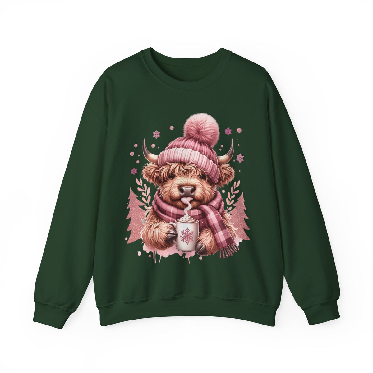 Cozy Highland Cow, Winter Coffee Mug & Scarf Pink – Gildan Heavy Blend | Trendy Women’s Soft Sweatshirt. Direct to Garment. Printed & Shipped in the USA. Unisex Sizes.