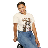 BooJee Ghost with Coffee - Halloween - Comfort Colors | Trendy Women's T-Shirt. Direct to Garment. Printed & Shipped in the USA. Unisex Sizes.