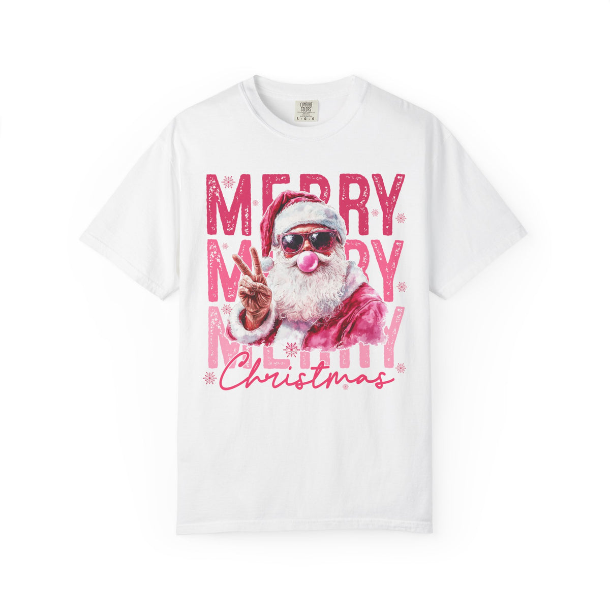 Pink Merry Christmas Bubblegum Santa - Comfort Colors | Trendy Women's T-Shirt. Direct to Garment. Printed & Shipped in the USA. Unisex Sizes.