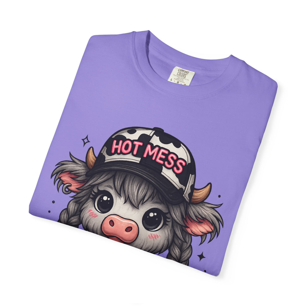 Cute Highland Cow 'Hot Mess' In Braids  - Comfort Colors | Trendy Women's T-Shirt. Direct to Garment. Printed & Shipped in the USA. Unisex Sizes.