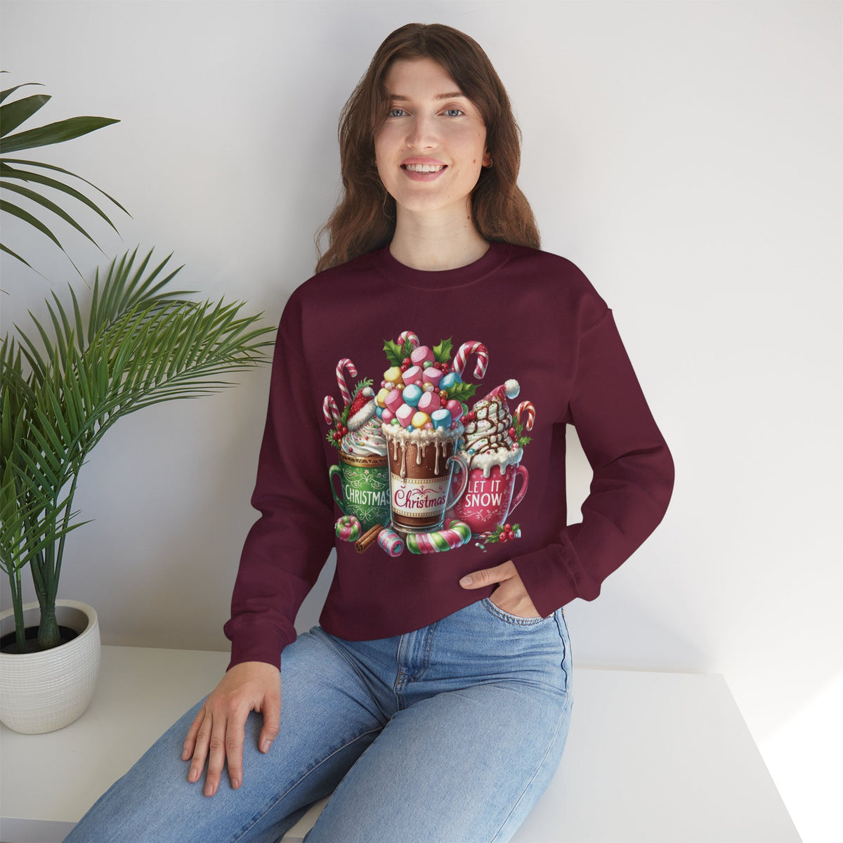Hot Chocolate Mugs Christmas Hot Cocoa – Gildan Heavy Blend | Trendy Women’s Soft Sweatshirt. Direct to Garment. Printed & Shipped in the USA. Unisex Sizes.