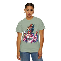 Dramatic Girl With Wine Messy Bun Peace Sign  - Comfort Colors | Trendy Women's T-Shirt. Direct to Garment. Printed & Shipped in the USA. Unisex Sizes.