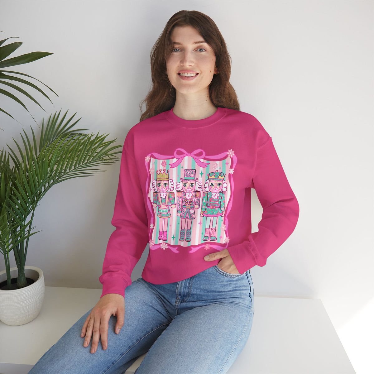 Coquette Pastel Christmas Nutcracker Trio Pink and Green – Gildan Heavy Blend | Trendy Women’s Soft Sweatshirt. Direct to Garment. Printed & Shipped in the USA. Unisex Sizes.