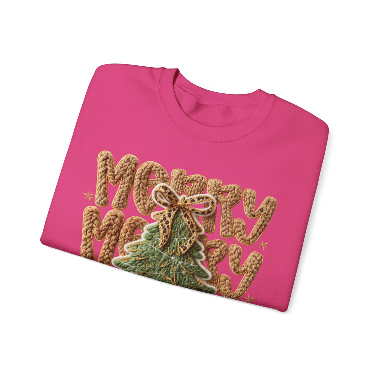 Merry Merry Merry Christmas, Faux Latch Hook Yarn – Gildan Heavy Blend | Trendy Women’s Soft Sweatshirt. Direct to Garment. Printed & Shipped in the USA. Unisex Sizes.