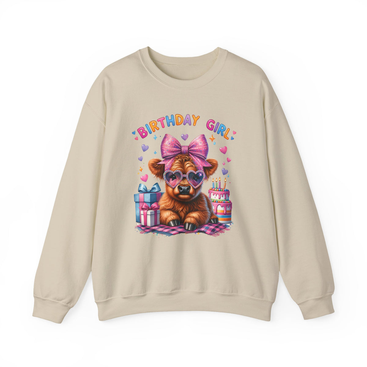 Birthday Girl, Highland Cow – Gildan Heavy Blend | Trendy Women’s Soft Sweatshirt. Direct to Garment. Printed & Shipped in the USA. Unisex Sizes.