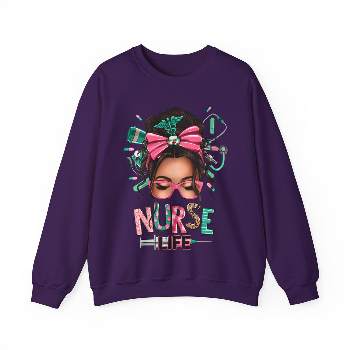 Nurse Life Messy Bun, Cute Stethoscope & Syringe – Gildan Heavy Blend | Trendy Women’s Soft Sweatshirt. Direct to Garment. Printed & Shipped in the USA. Unisex Sizes.