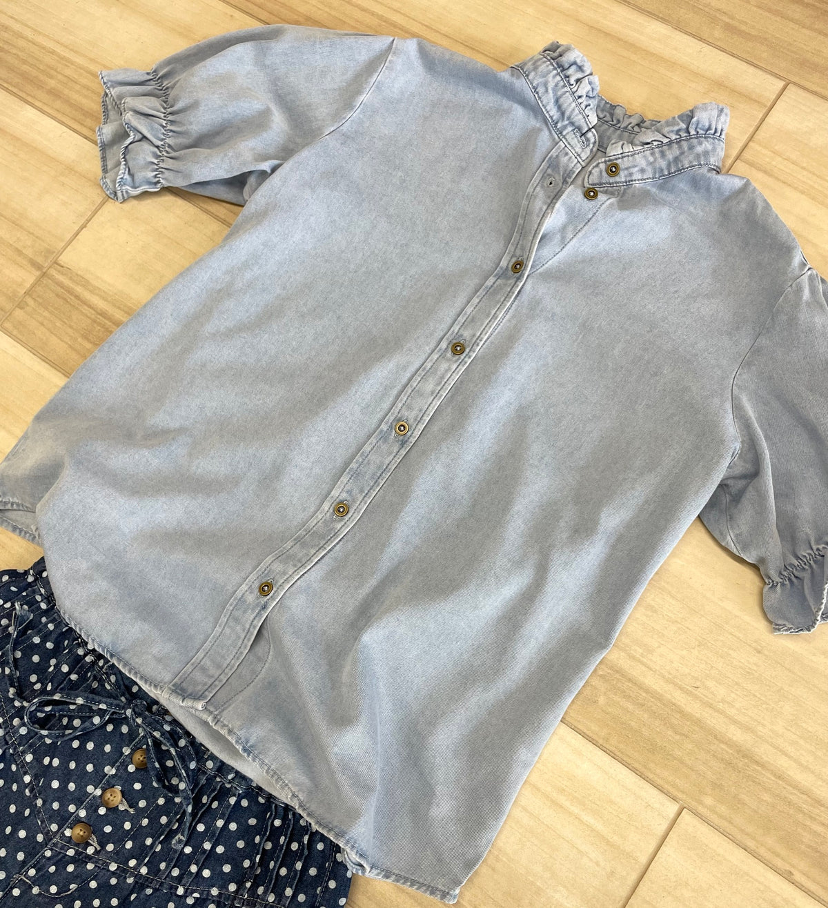 Denim Blue Puff Sleeve Button-Up Ruffle Top