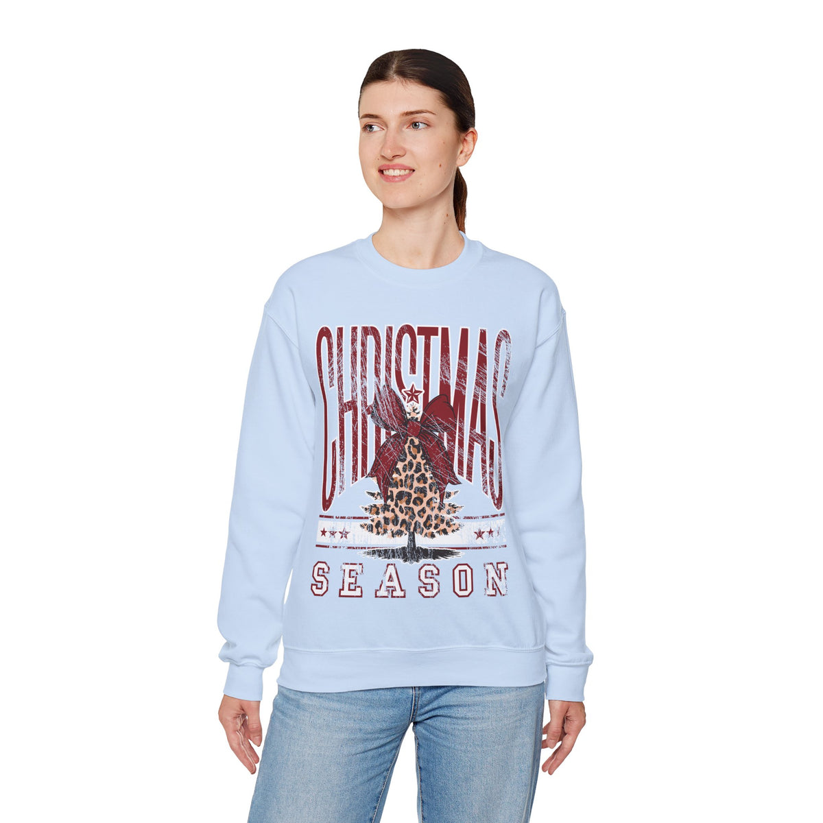 Christmas Season Leopard Tree Distressed – Gildan Heavy Blend | Trendy Women’s Soft Sweatshirt. Direct to Garment. Printed & Shipped in the USA. Unisex Sizes.