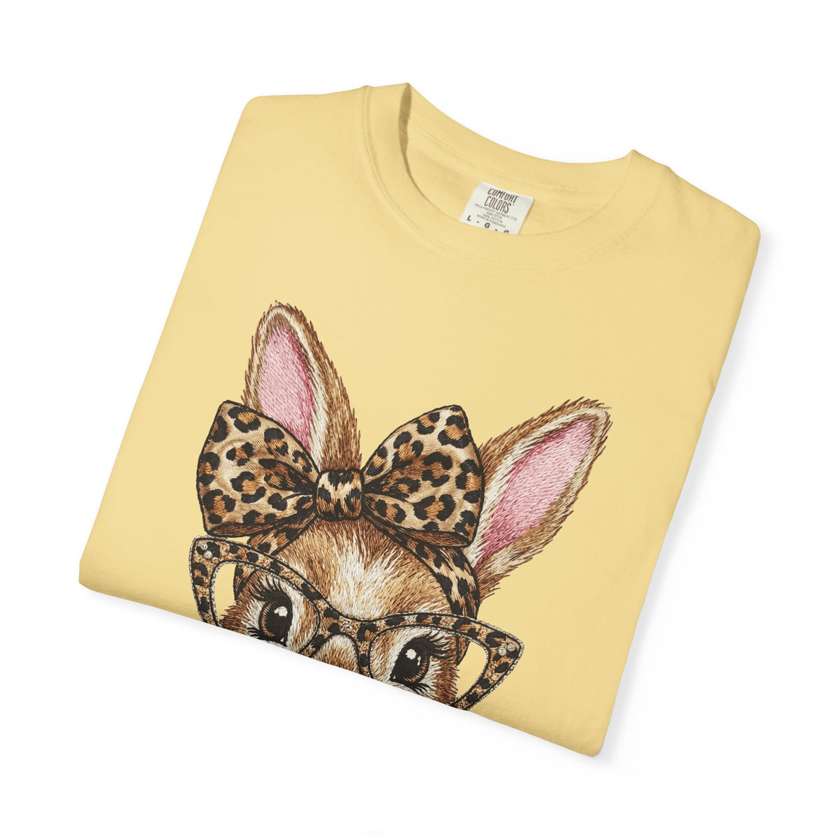 Bunny with Leopard Bow and Glasses - Comfort Colors | Trendy Women's T-Shirt. Direct to Garment. Printed & Shipped in the USA. Unisex Sizes.