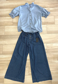 Denim Blue Puff Sleeve Button-Up Ruffle Top