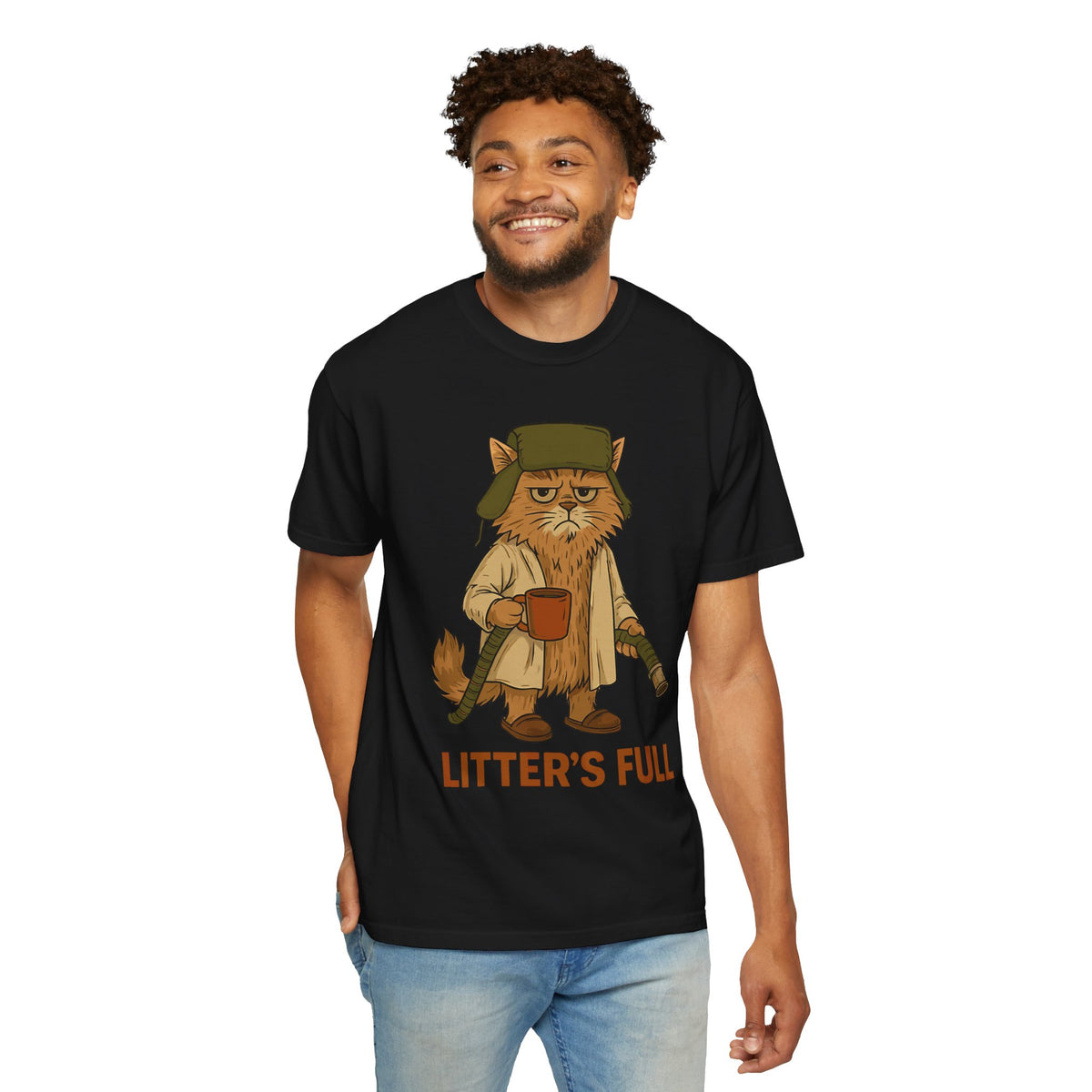 Litter's Full, Funny Cat - Comfort Colors | Trendy Men's and Women's T-Shirt. Direct to Garment. Printed & Shipped in the USA. Unisex Sizes.
