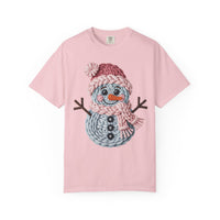 Cute Yarn Snowman - Pink Scarf - Comfort Colors | Trendy Women's T-Shirt. Direct to Garment. Printed & Shipped in the USA. Unisex Sizes.